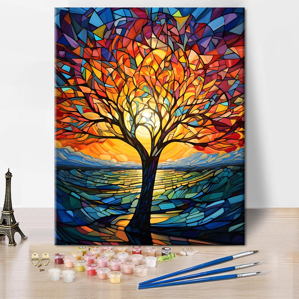 Rebotipy Painting by Numbers Kit for AdultsAbstract Stained-Glass Tree Paint by Numbers for Beginner,Oil Painting Acrylic Paints for Home Decor 16x20 Inch