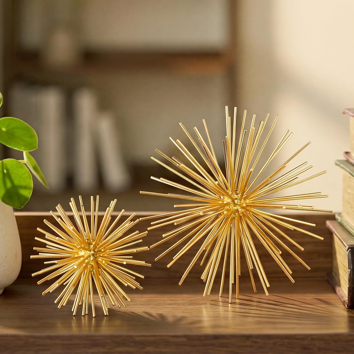 2 Pcs 4.2" and 6" Gold Sphere Decor, Metal Gold Starburst Tabletop Sculpture Decor, Modern Metal Starburst Centerpiece, Star Burst Ball Decoration for Home Decoration