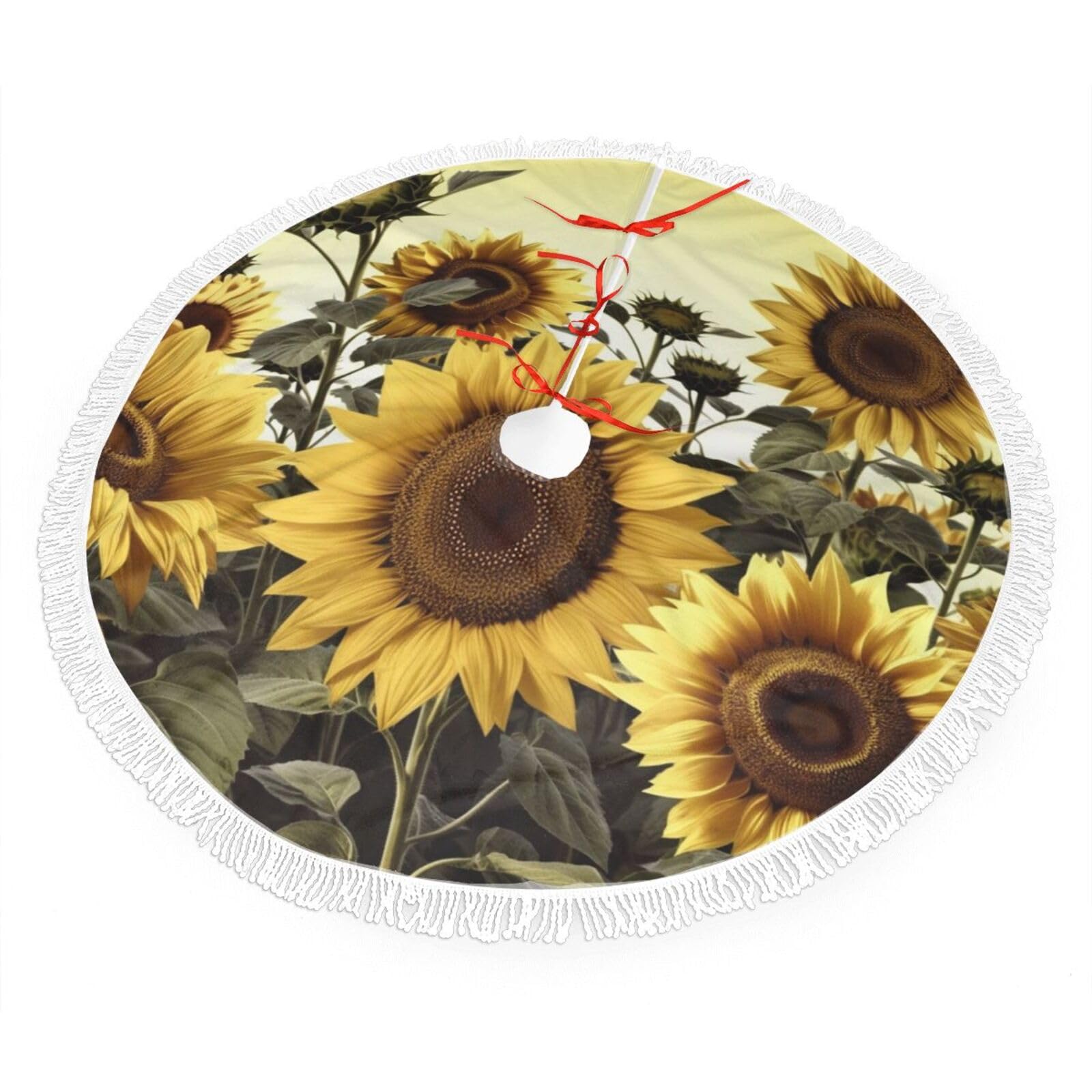 Yellow Sunflower Floral Christmas Tree Skirt 36", Soft Plush Xmas Tree Carpet with Tassel Christmas Ornaments Winter Holiday Tree Mat Decoration for Home Party Supplies