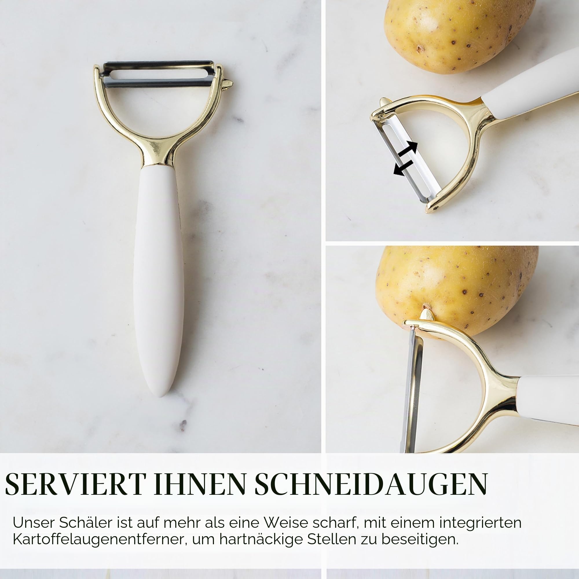 Weiß & Gold Küchenhelfer und Gadgets – Luxe 8-teiliges Kochutensilien -geräte mit rutschfesten Griffen, Goldutensilien-Set, Goldküchenzubehör weißes Küchenutensilien-Set, Premium-Küchenhelfer-Set | Küchenutensilien-Set enthält Dosenöffner, Zange und Knobl