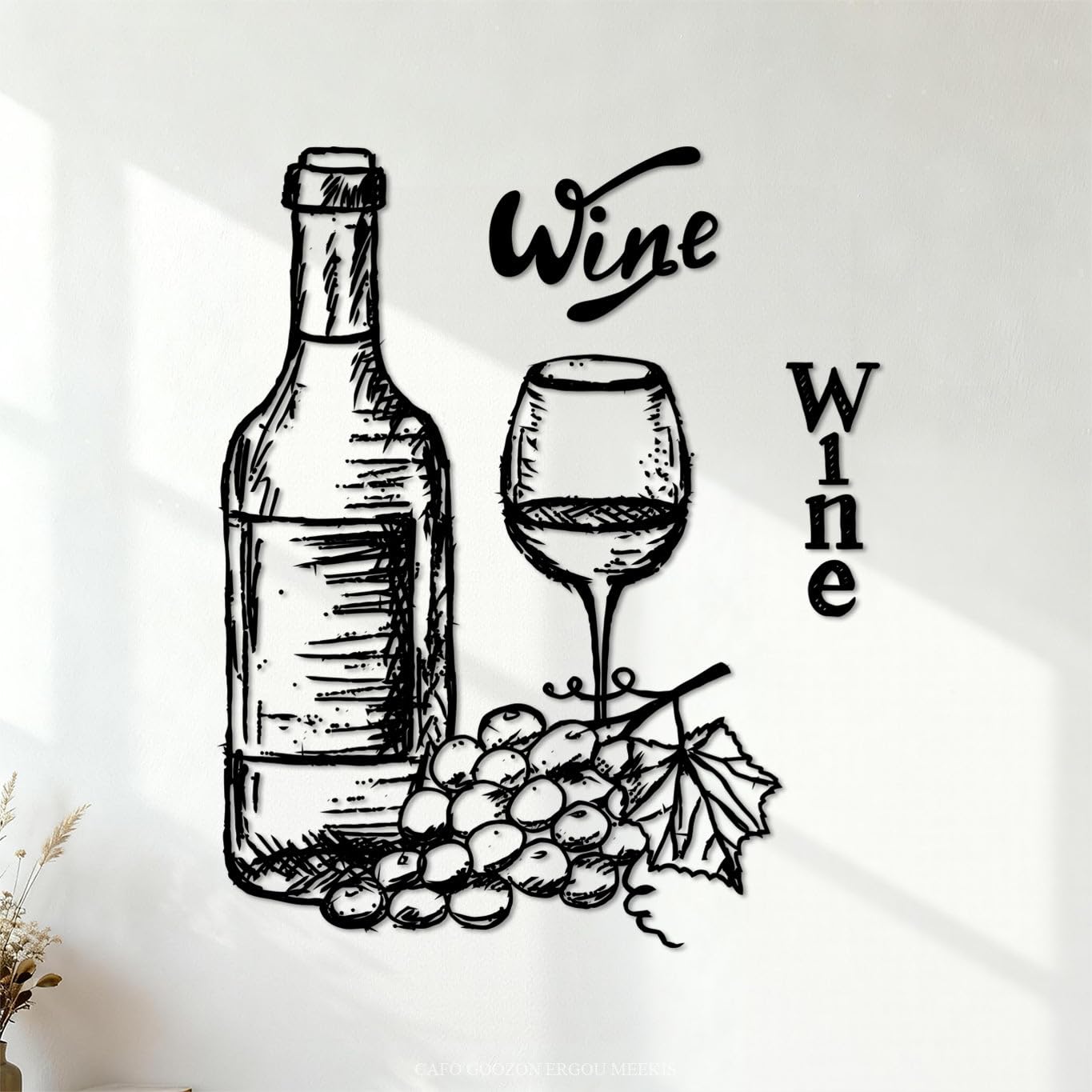 Ergou Stickerdecal-80169 Bottle And Glass Of Wine With A Branch Of Grapes Vinyl Wall Stickers 41X49.6cm Glass Stickers Black