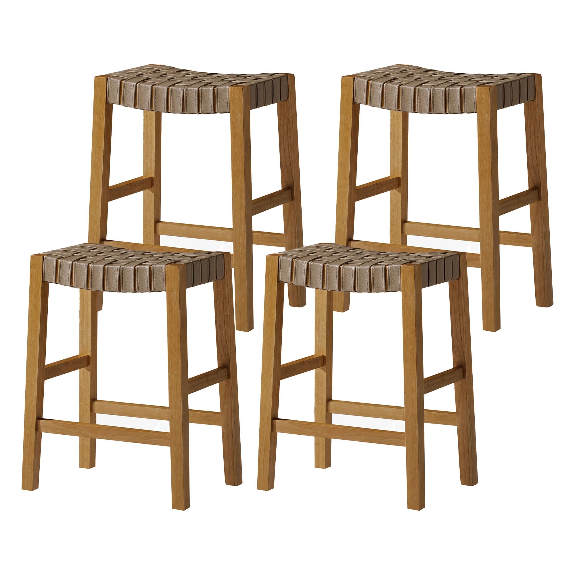 Maven Lane Emerson Counter Stool (Set of 4) – 26 Inch – Rectangular Stools with Footrest – Natural Solid Wood & Beige Woven Leather Seat – Perfect for