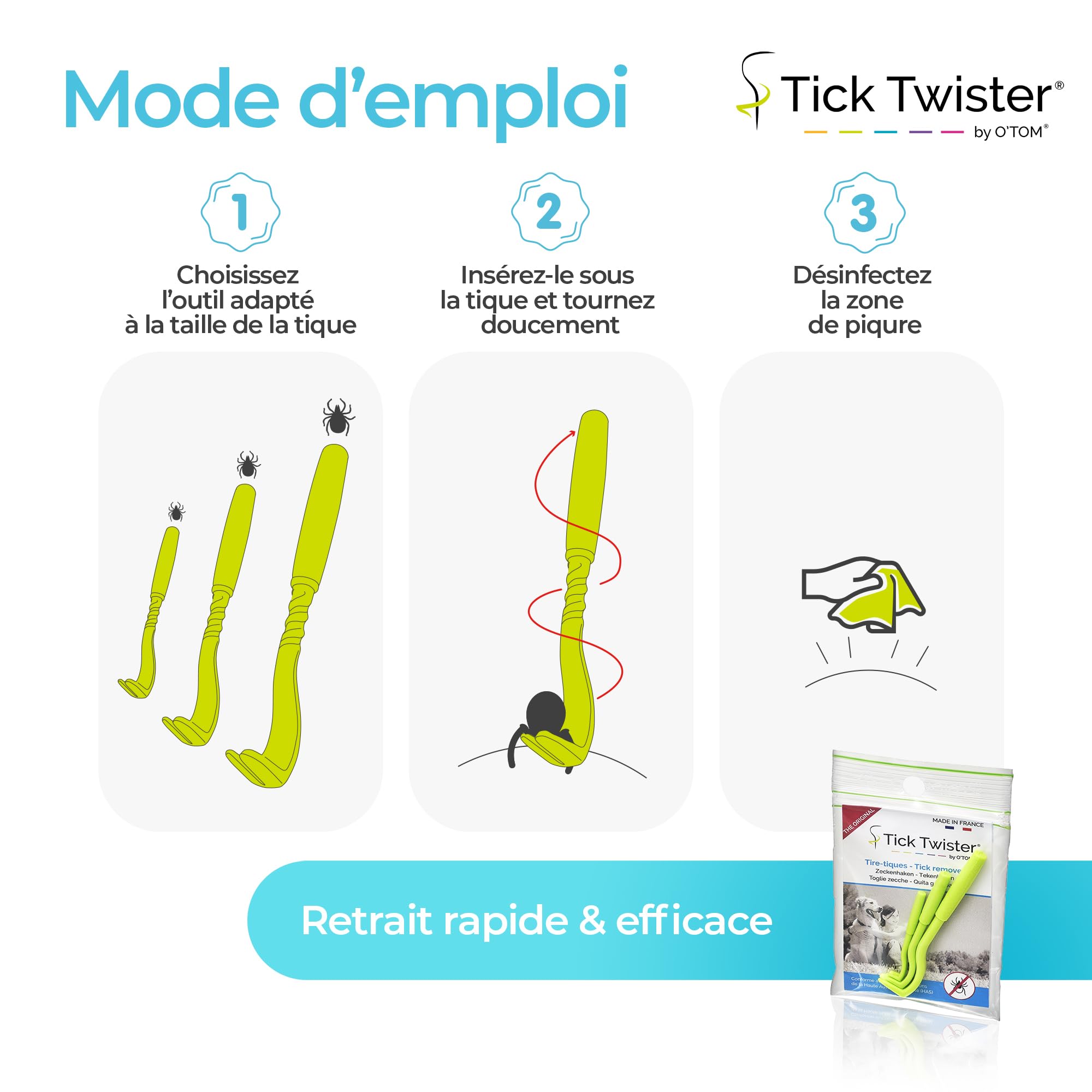 Tire Tique pour Chien, Chat et Humain - Retrait Facile, Rapide et sans Douleur – Pince à Tique avec Notice et Sachet pour Le Rangement - Fabriqué en France
