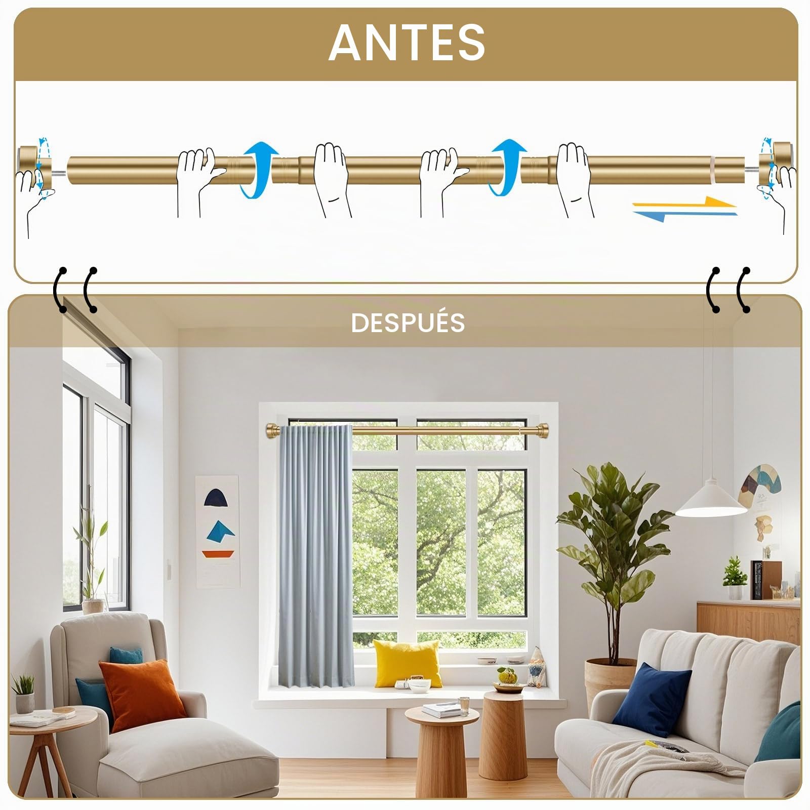 YNL Barra de cortina de ducha de 34 a 82 pulgadas con 12 anillos de cortina de ducha, barra de ducha dorada ajustable sin taladrar, antideslizante, nunca se oxida, acero inoxidable, adecuada para