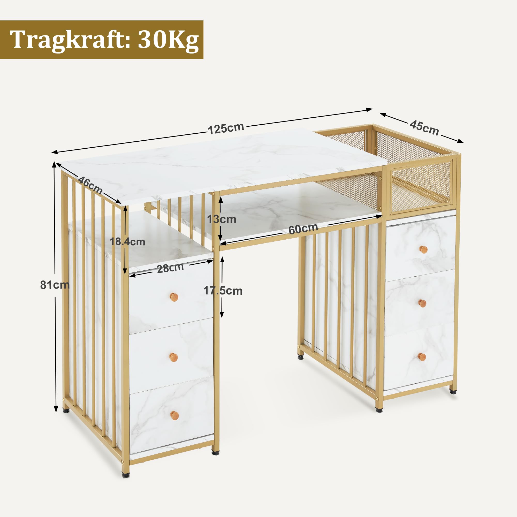 M MCombo Schreibtisch mit 6 Schubladen, Nageltisch, Manikürtisch, Schminktisch ohne Spiegel Modern, Computertisch mit Ablagen Wohnzimmer, 46x125x81cm, 2425 (Weiß-Gold)