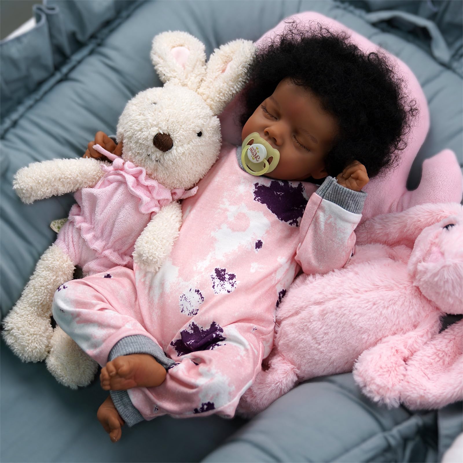 JIZHI Lifelike Reborn Baby Dolls Black -17Inch Baby-Soft Body & Curls Realistic-Newborn Baby Doll African American Real Life Baby Dolls Cloth Body with Gift Box for Kids