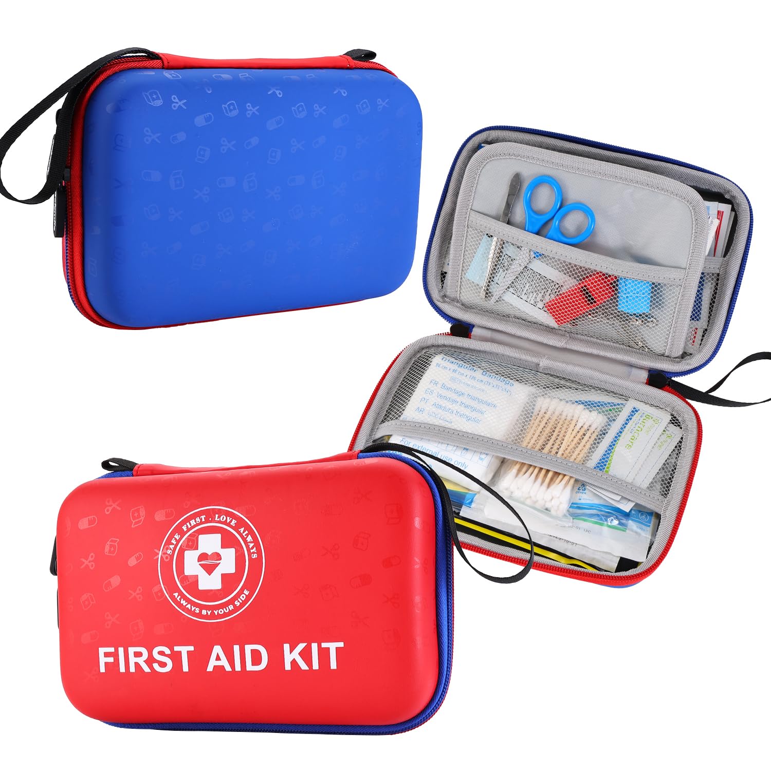 Premium First Aid Kit - 305 Piece Dual-Color Emergency Kit with Hard Shell &amp; Fluorescent Interior Coating, Compact Survival Kit for Home, Car, Travel, Hiking &amp; Outdoor(Red/Blue)
