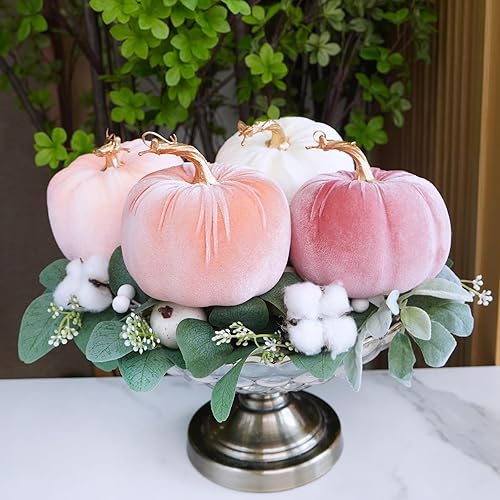 Vista 16 de Winlyn 4 calabazas de terciopelo de cosecha sintética surtidas, calabazas de tela decorativa, calabazas de espuma en naranja óxido y blanco de 5