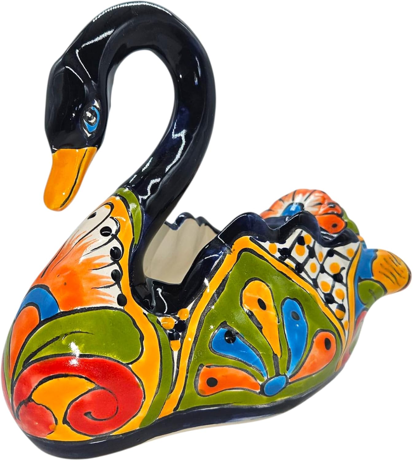 Swan Planter Small Hand Painted Pot Indoor Outdoor Multi Colored Figure Glazed (Talavera)