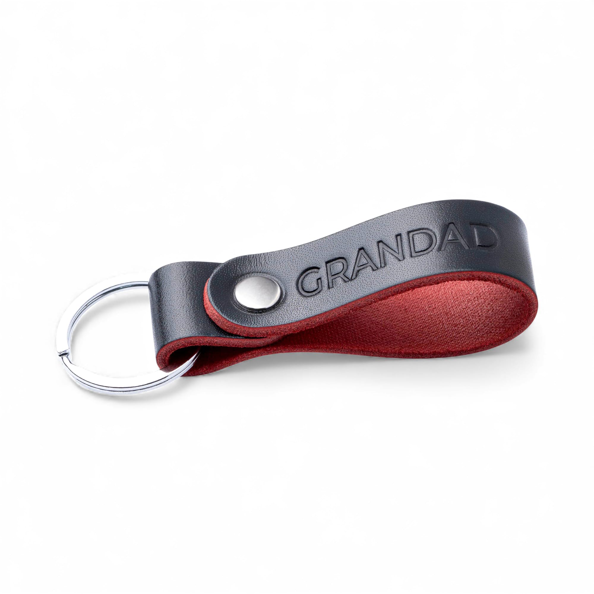 MAGOR Full Grain Leather Keyring Personalised Keychain for Men Women, Car Keyring for Home Keys, Elegant Black with Red Interior Key Ring, Hot Embossed Design, Premium Gift for Him Her (GRANDAD)