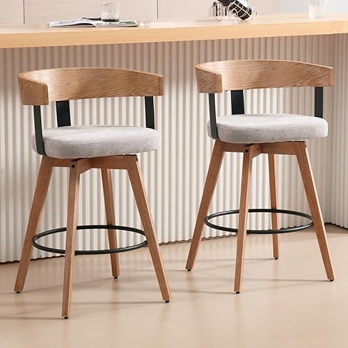 HEAH-YO Juego de 2 taburetes de bar giratorios de 26 pulgadas de altura de mostrador con respaldo de barril, gris, estilo moderno de mediados de