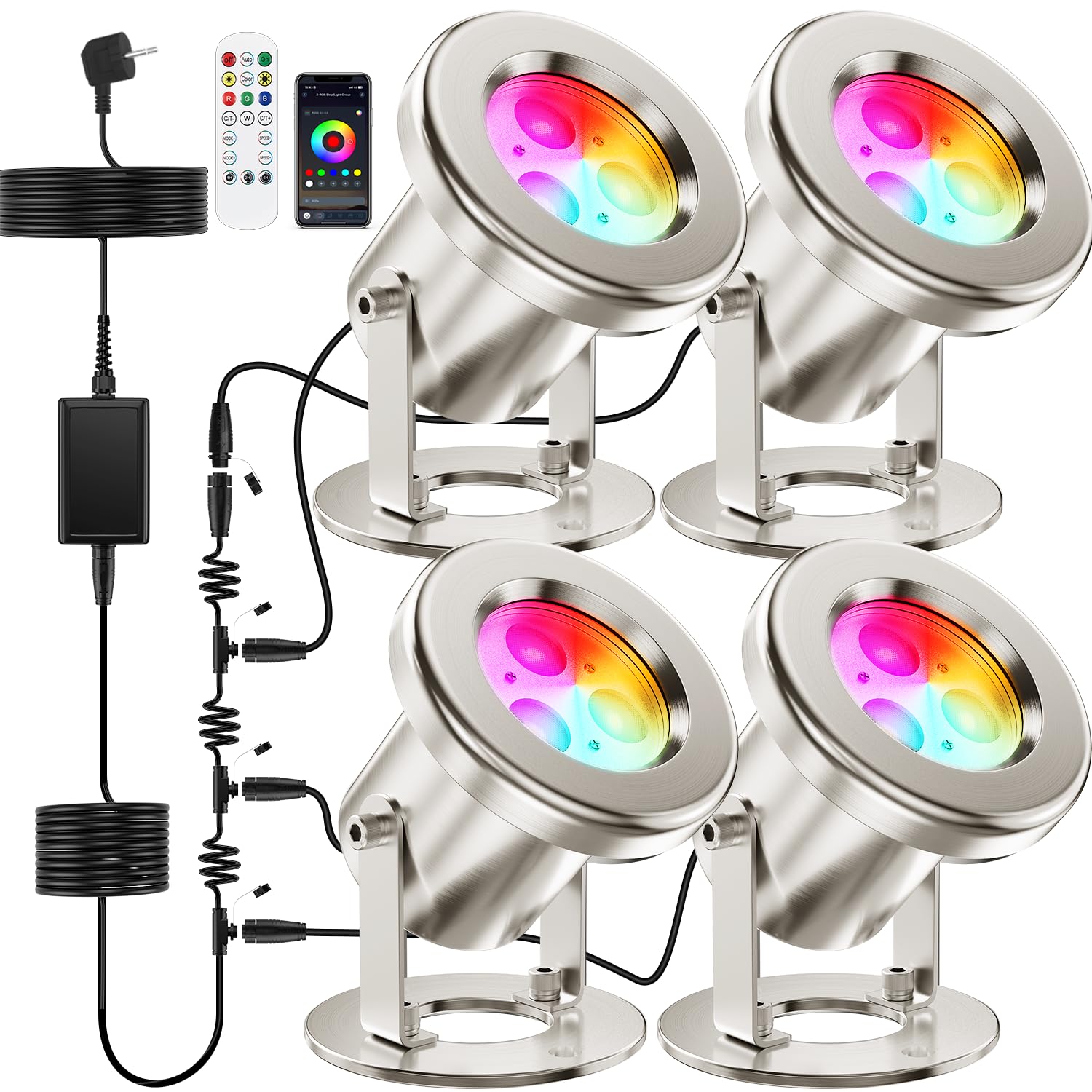 All-in-One Teichbeleuchtung LED Edelstahl SS316, RGB Erweiterbare Teichlampen Unterwasser mit 12M Kabel, Teichlicht IP68 für Teich, Wasserfall, Bach, Fischteich, Wasserspiel, 4er-Pack