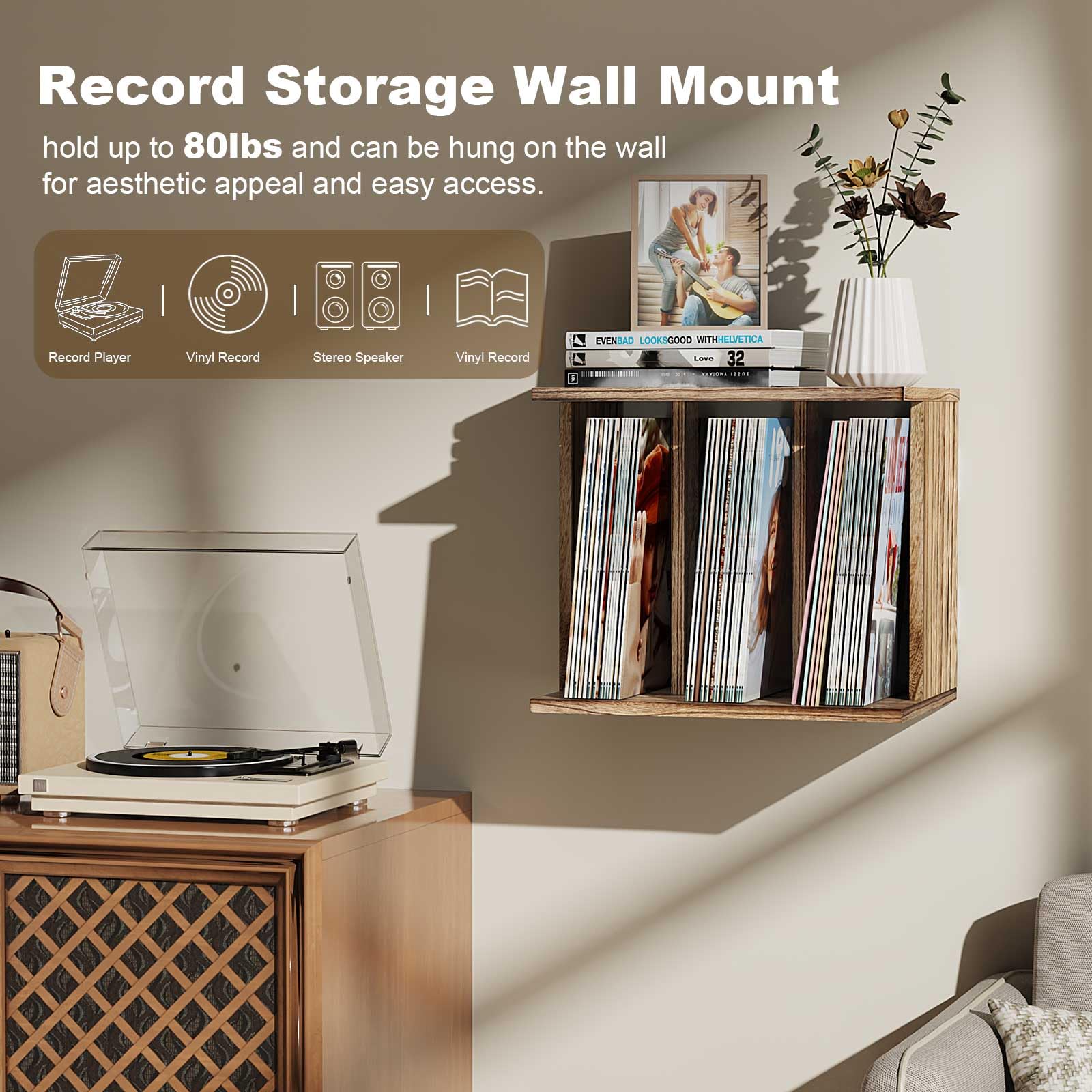 Supporto per dischi in vinile, montaggio a parete fino a 80-100 album, supporto per dischi in vinile a 3 scomparti (rustico)