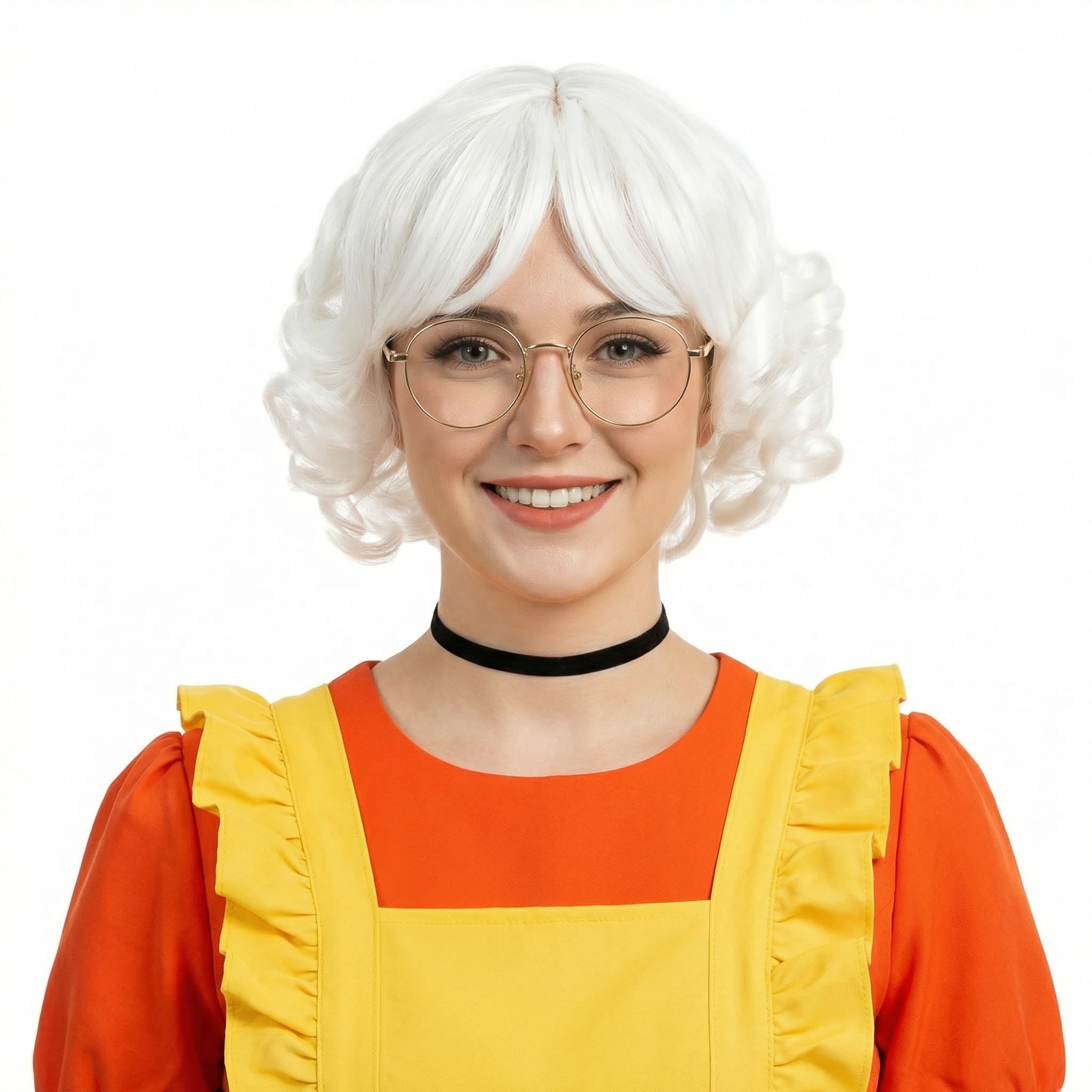 REEWES Weiße lockige Perücken mit Pony für Frau Claus Cosplay Kostüm Kurz geschichtetes Synthetisches Haar Party