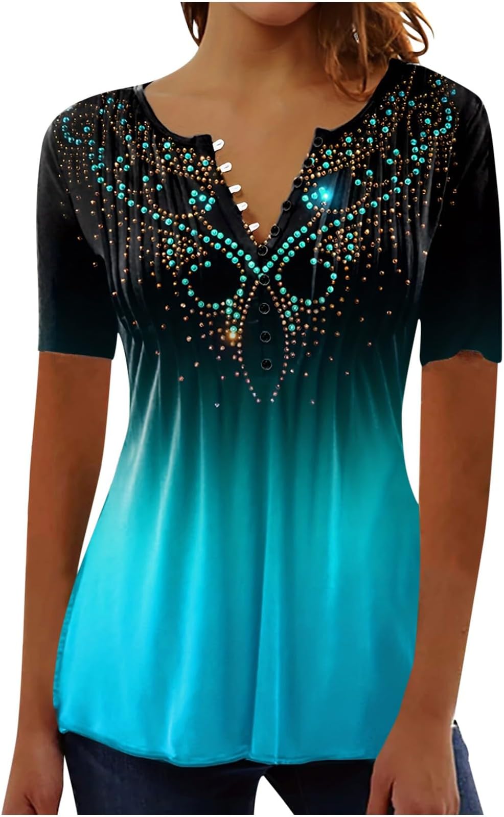 Yoloke2023 Summer Short Sleeve Tops for Women UK Trendy Casual Floral Graphic Shirts Tunic Blouses Plus Size Crew Neck Boho Henley Tees