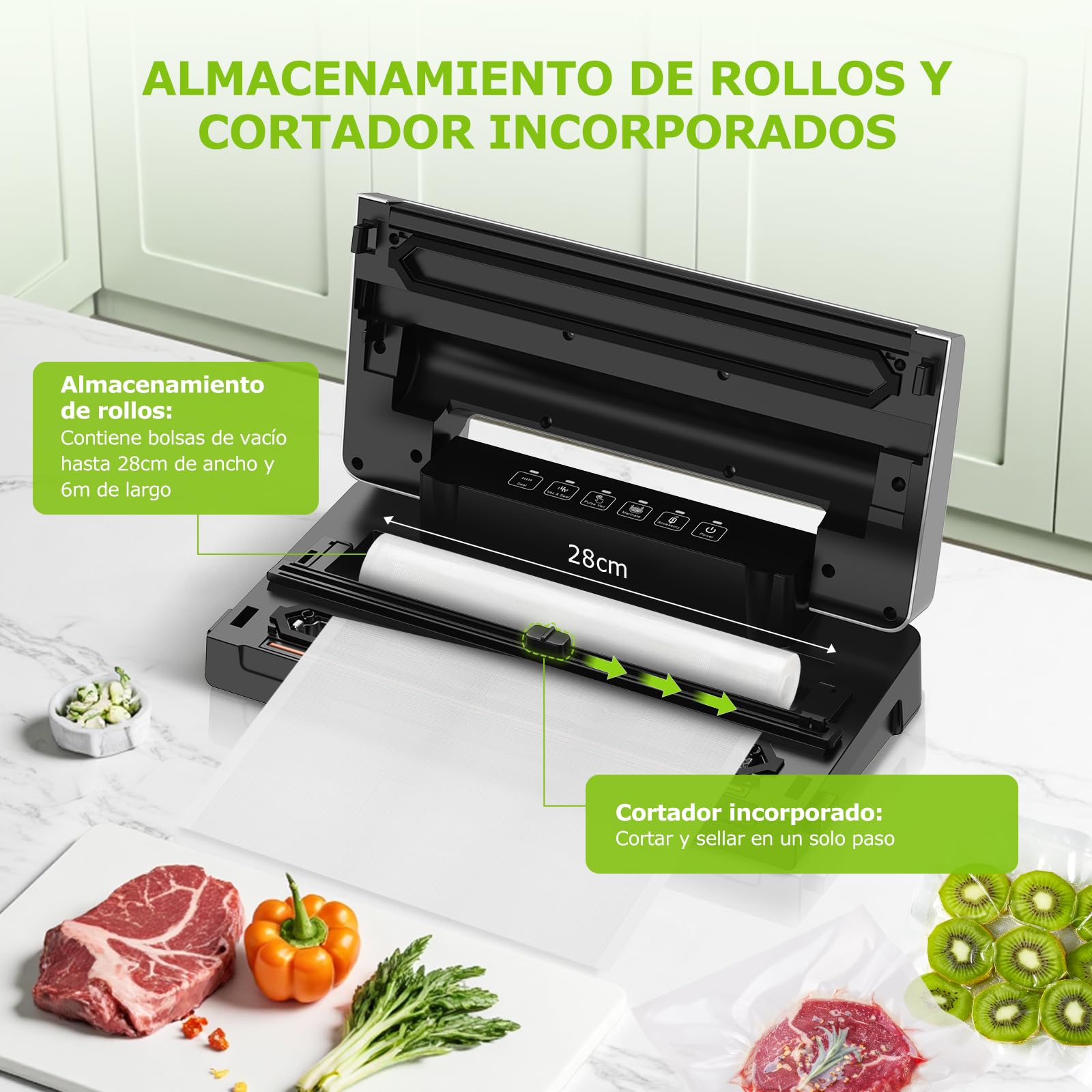 Bonsenkitchen Envasadora al Vacío, Maquina al Vacio con 5 Modos, Cortador y Almacenamiento de Bolsas en Rollo, Vacío Rápido, Incluye 10 Bolsas de Vacío y 1 Bolsa de Rollo-VS3000