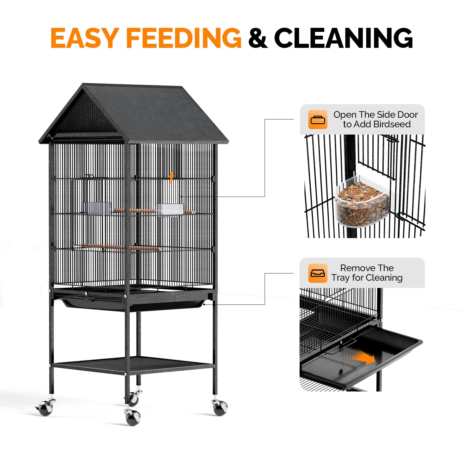 VINGLI Bird Cage with Rolling Stand for Parrots, Cockatiels, Budgies, Lovebirds, Small/Medium Birds (50" H with Spire Roof) - image 5