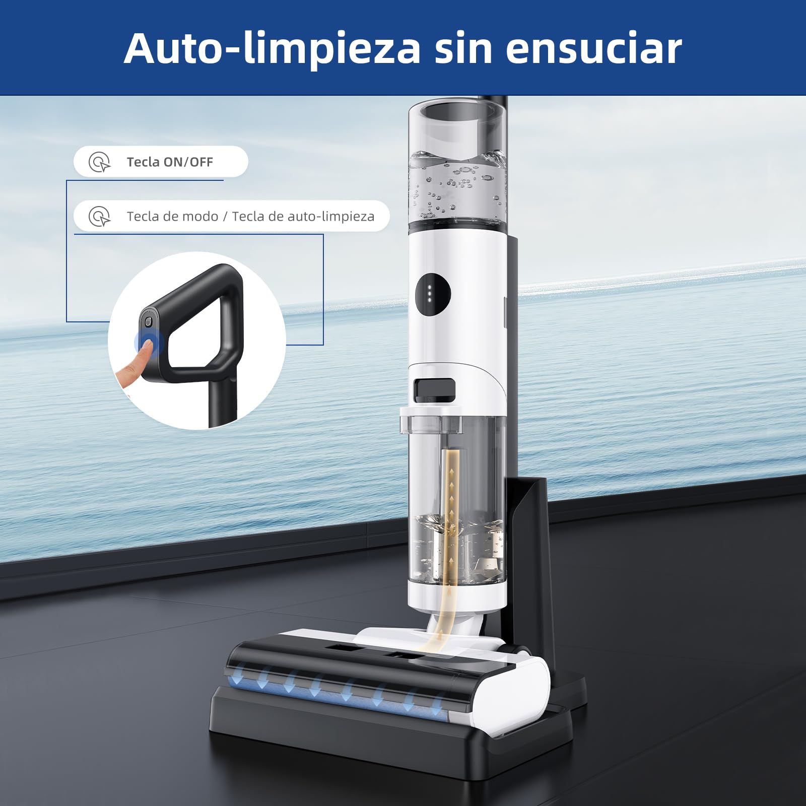 JONR ED12 Aspirador en Seco y Húmedo, Aspirador y Mopa 4 en 1 sin Cable, Cepillo Limpiador de Bordes, Función de Autolimpieza, Autonomía 30 Min, para Suelos Duros y Pelo de Mascota.