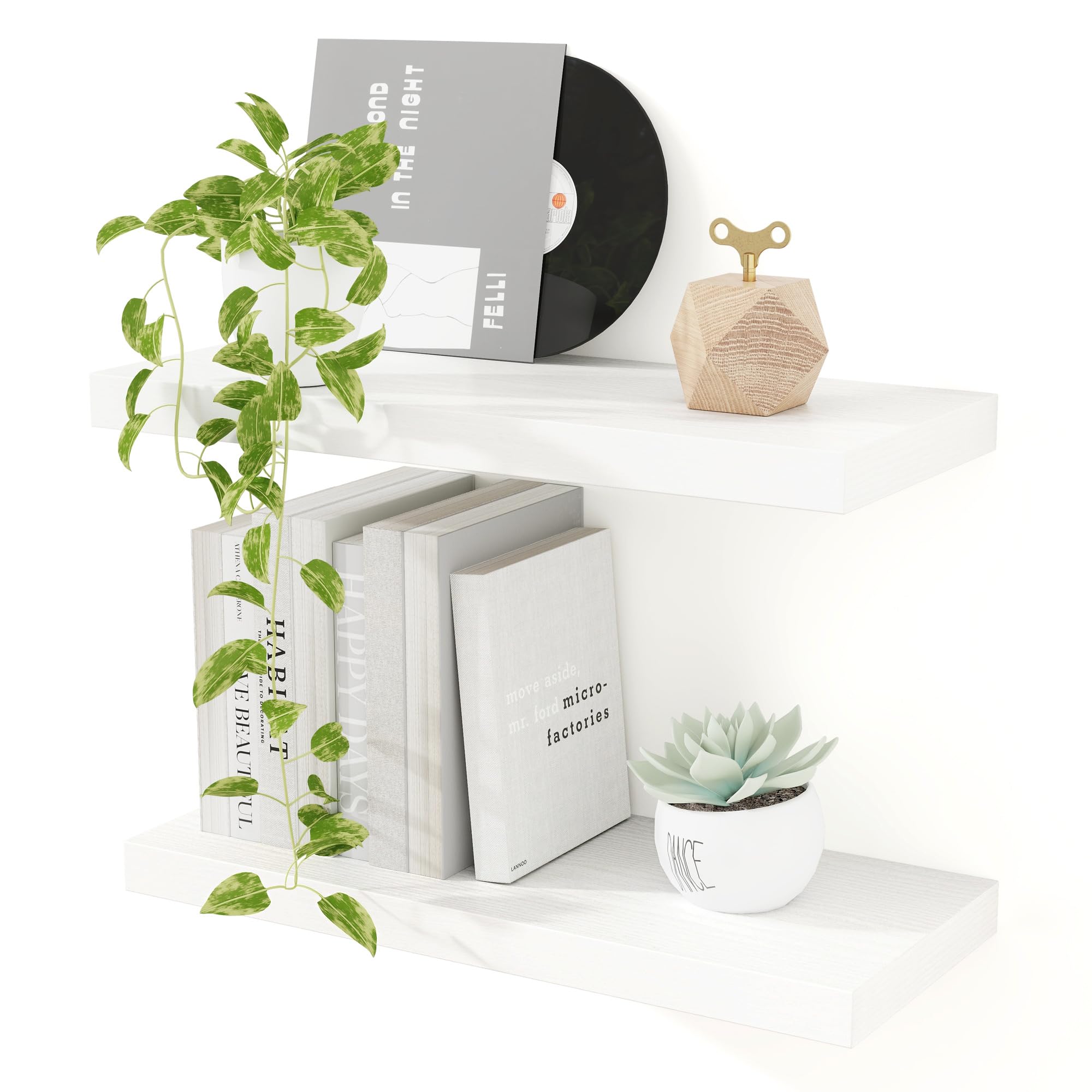 Feihorrm White Floating Shelves, 40cm Wooden Floating Shelves for Wall Set of 2, 23.5cm Deep Shelf Wall Mounted Shelves for Storage & Organizer, Shelving for Bathroom Living Room Kitchen Bedroom