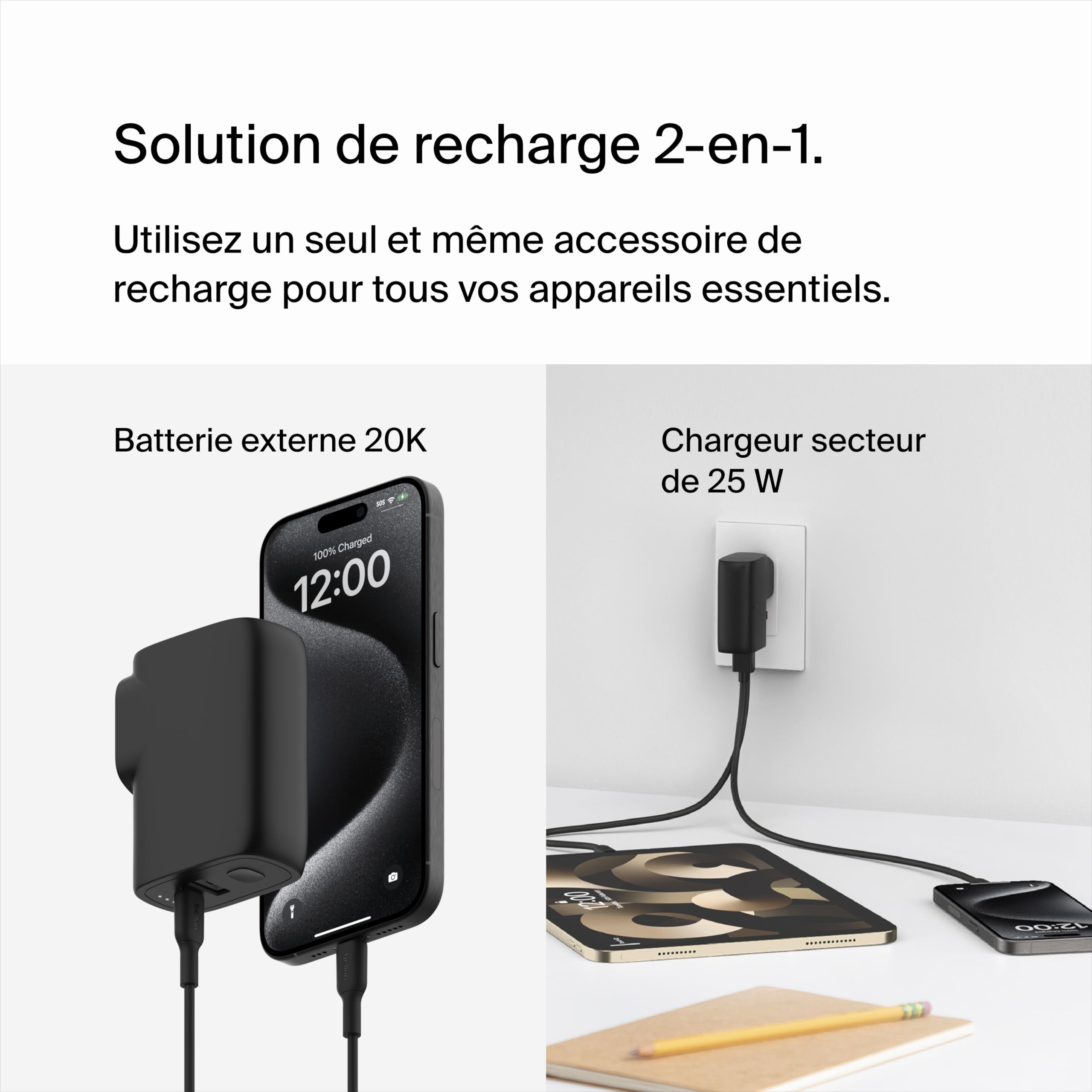 Belkin BoostCharge Solution Hybride 2-en-1 Chargeur Secteur 25W + Batterie Externe 5000mAh 2 Ports, Port USB-C PD 3.0 et Port USB-A, Power Bank 5K, Chargeur Rapide et Portable