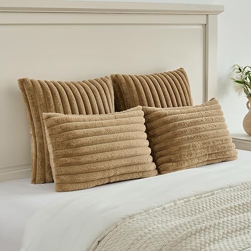 Miniatura 5 de Juego de 2 fundas de almohada decorativas con rayas de color camello, 18 x 18 pulgadas, cuadradas y primaverales, piel sintética de conejo suave y