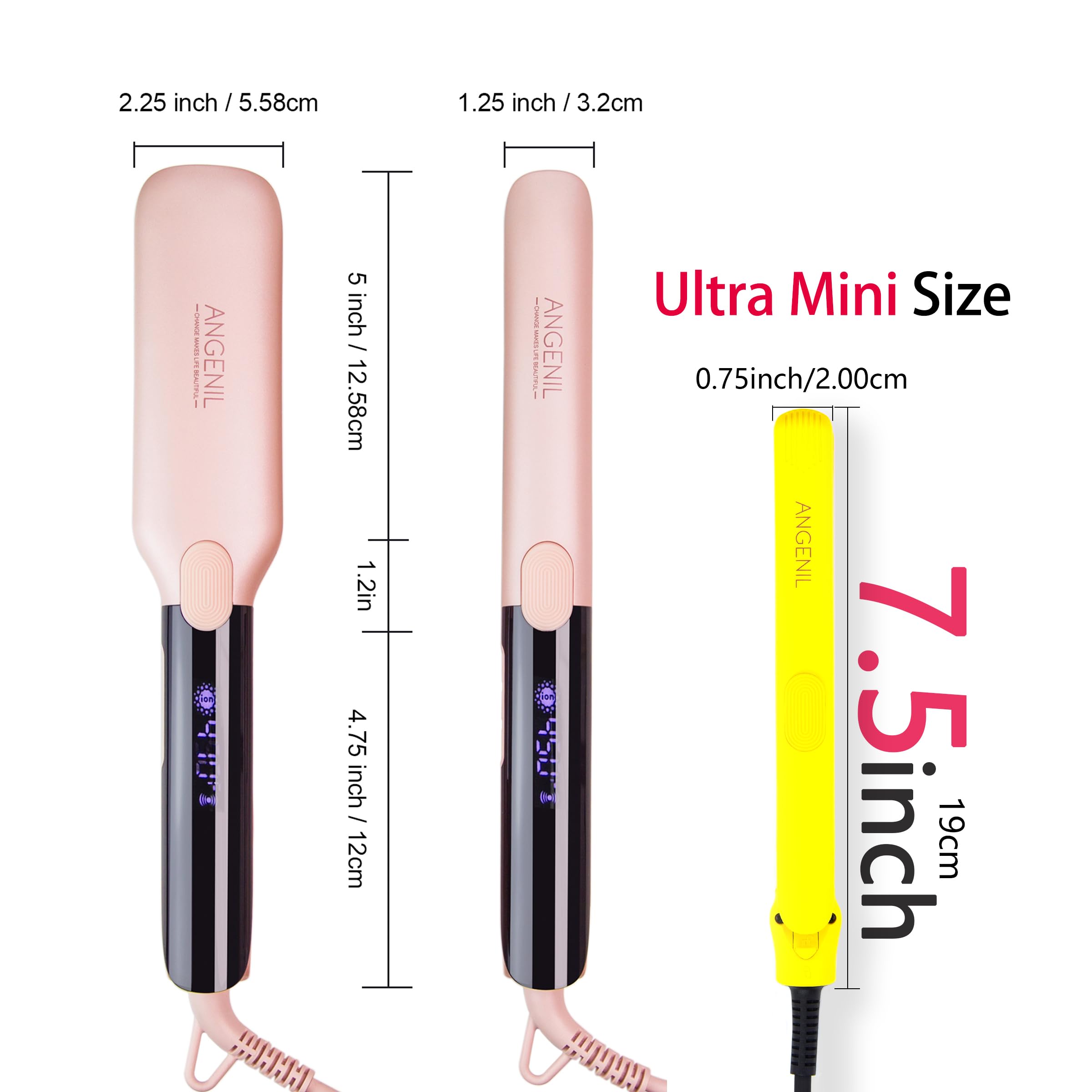 ANGENIL Mini lisseur céramique 2,5 cm, lisseur de voyage ion titane, double tension, 160-230 °C, pour cheveux courts et frange - Jaune