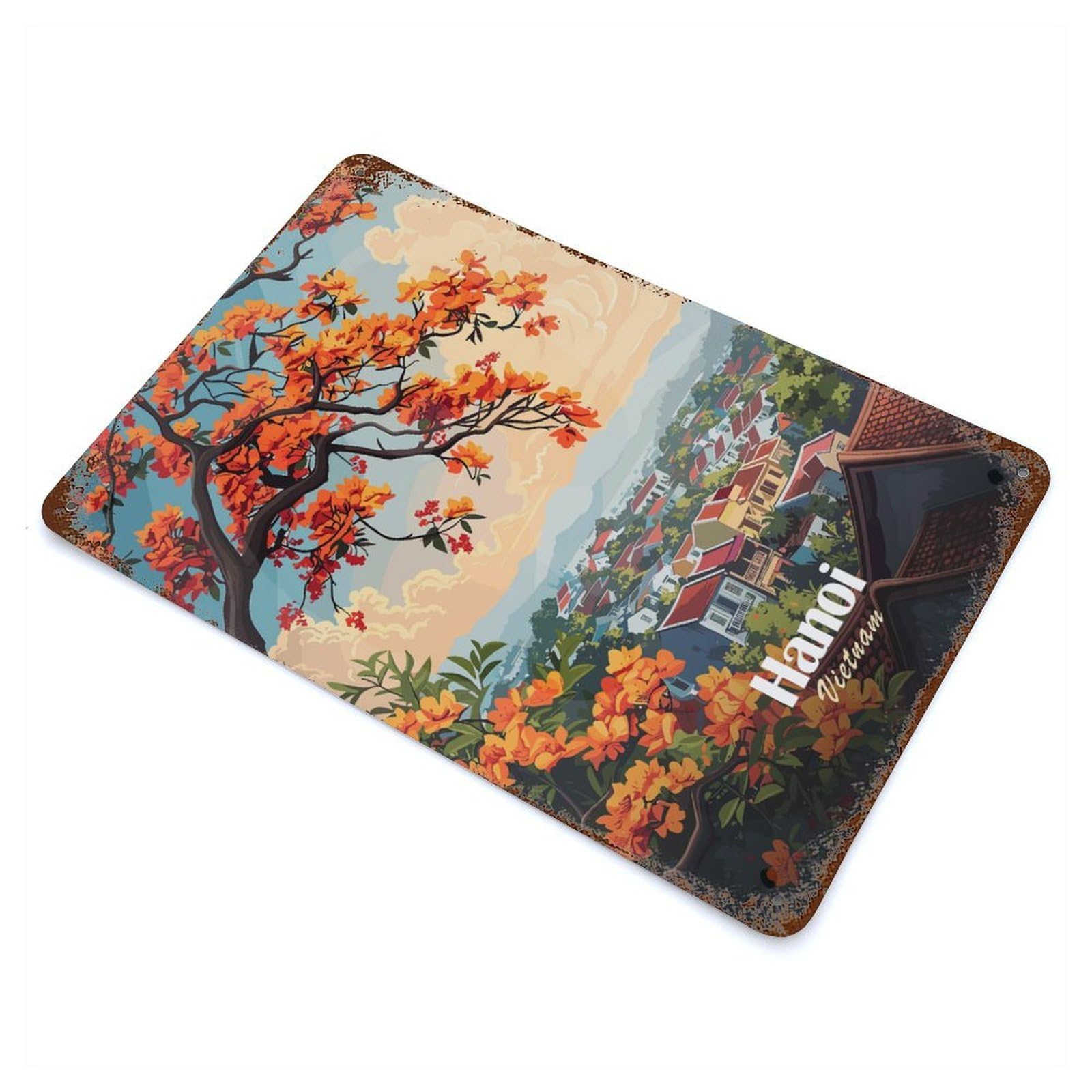 Rust Effect Hanoi, Vietnam Cityscape with Orange Flowers Retro Metal Sign 11.8"x7.9", Classic Wall Plaque for Cafe, Home Bar And Lounge Decor