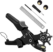 Leather Hole Punch, [Upgraded Version][Perfect Full Set] Diyife Belt Puncher, Heavy Duty Revolving Plier Tool with 3 Extra Plates Ruler Grinding Rod, Multi Sized for Crafts, Card, Rubber (Black)