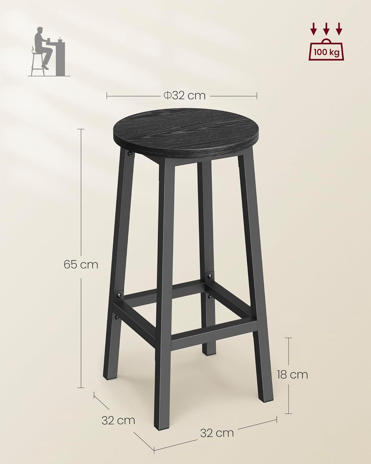 Diagram showing dimensions of a single VASAGLE bar stool
