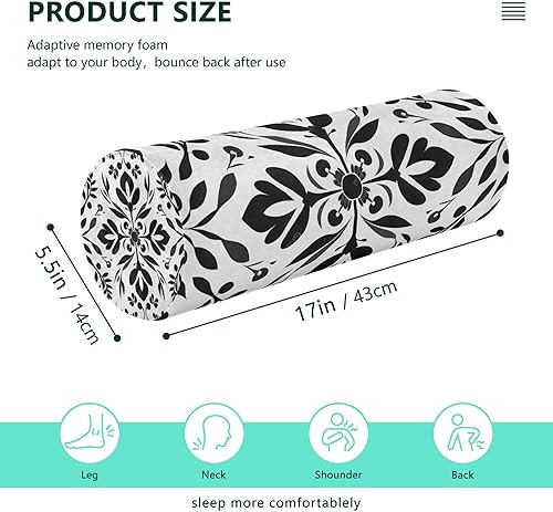 Miniatura 2 de Almohadas de cuello redondo de simetría floral bohemia, color negro y blanco, fundas de almohada cervicales redondas, alivio de la salud, almohada