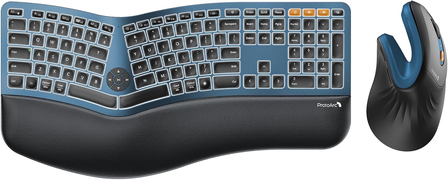 ProtoArc Backlit Wireless Full Size Ergonomic Keyboard Blue and Bluetooth Ergonomic Vertical Mouse Blue