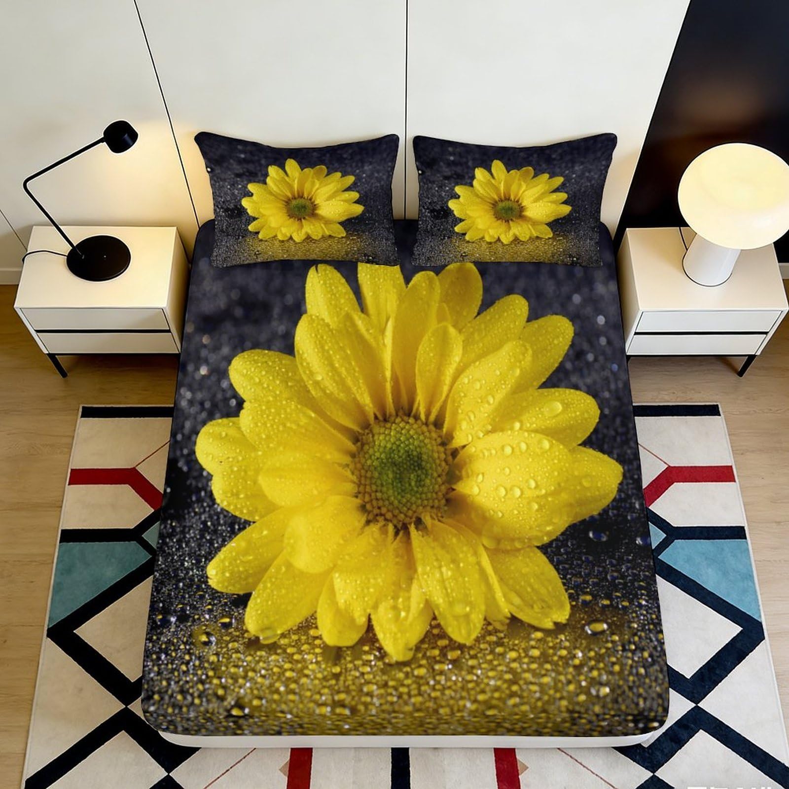 3D Printed Yellow Flower Fitted Sheet Microfiber Soft Breathable Daisy Bed Cover with Mattress Cover for Bedroom Dormitory Guest Room Decoration 160x200x25cm