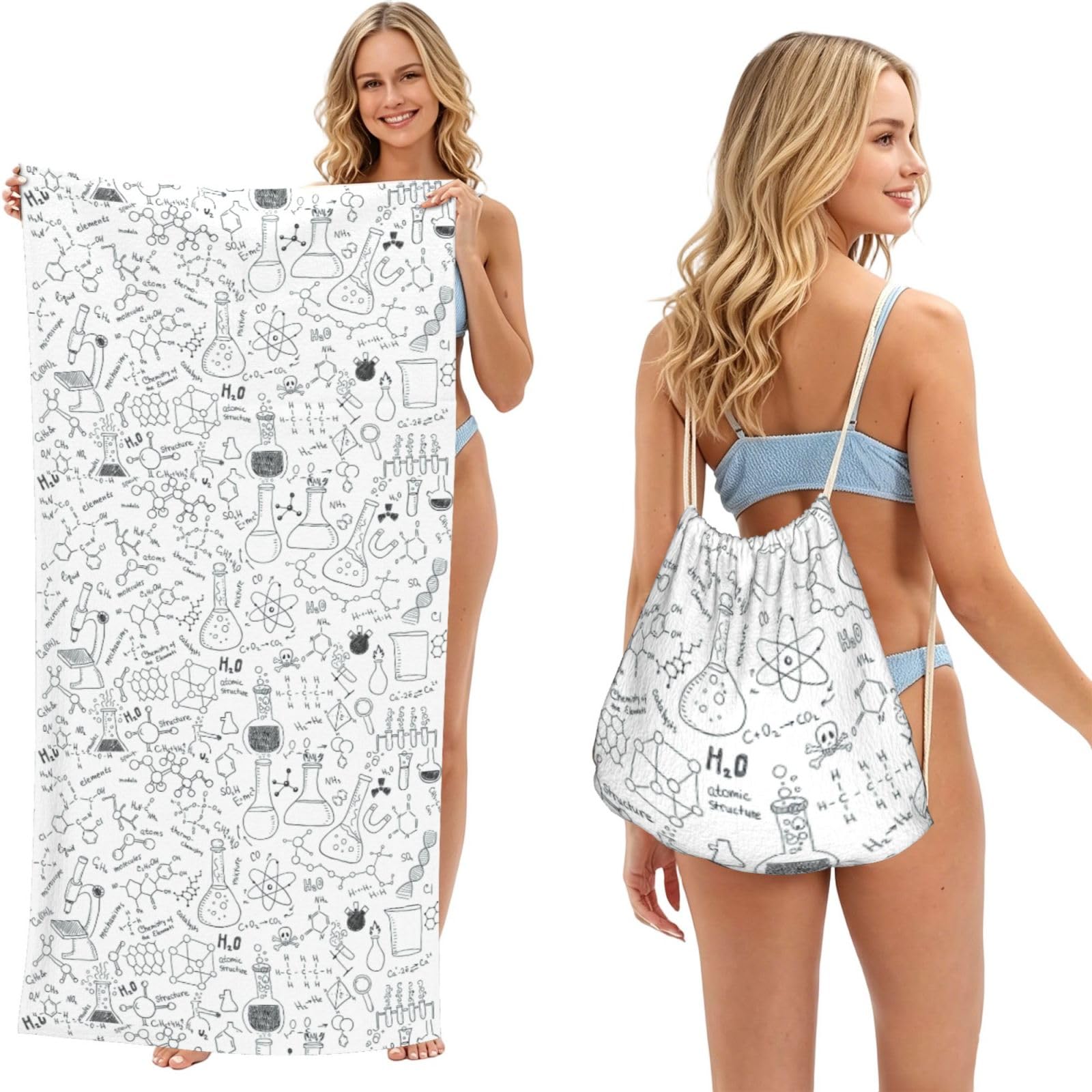 Poadnly As Picture Chemistry Print Black White, 2 In 1 Packable Towel Bag, Beach Towels With Drawstring Backpack For Travel Holiday Camping