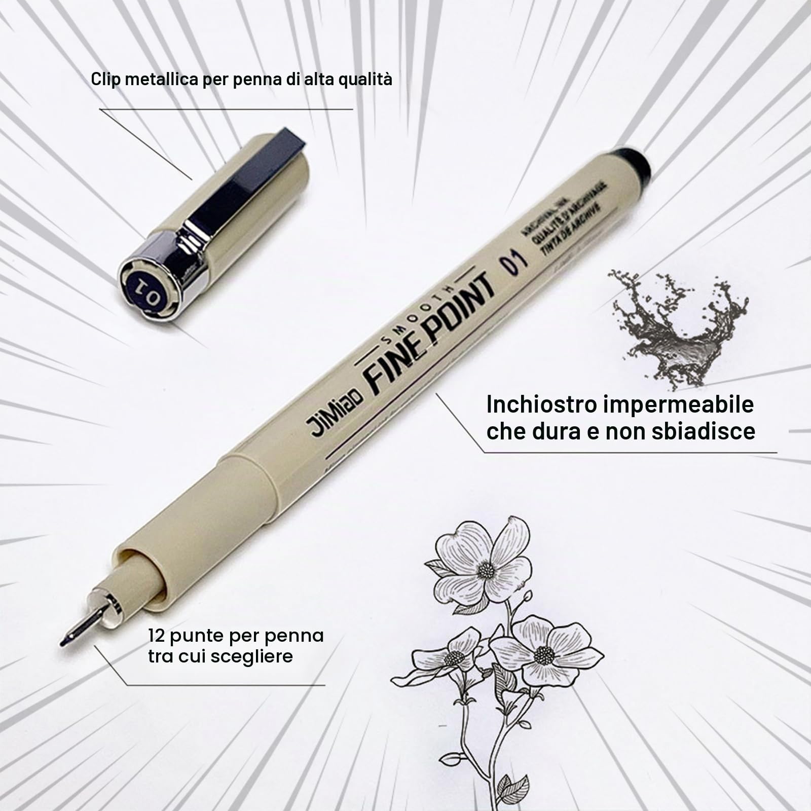 Set di 12 penne fineliner Rierousy Micron nero impermeabili per illustrazioni schizzi