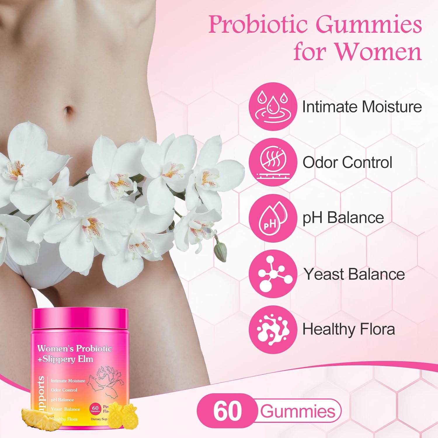 Her Juicy Feminine Probiotics Gummies for Women – Tropical Pineapple Flavor, Contains Slippery Elm, Supports pH Balance, Gut Health & Immune System, 60 Gummies - Image 3