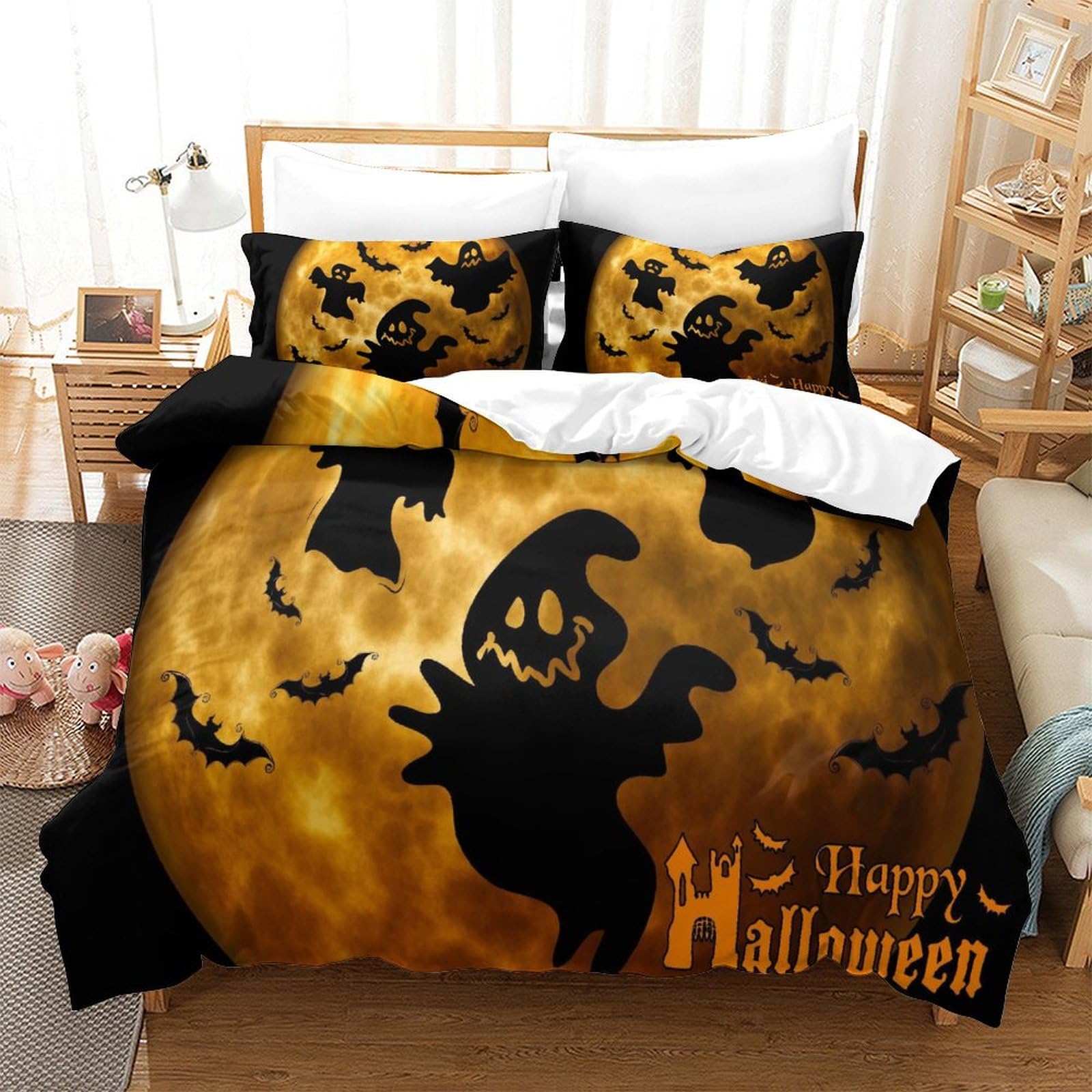 P1S9U7W5Y 3D Printed Halloween Ghost Duvet Cover Set 3pcs Microfiber Pumpkin Bedding Set King