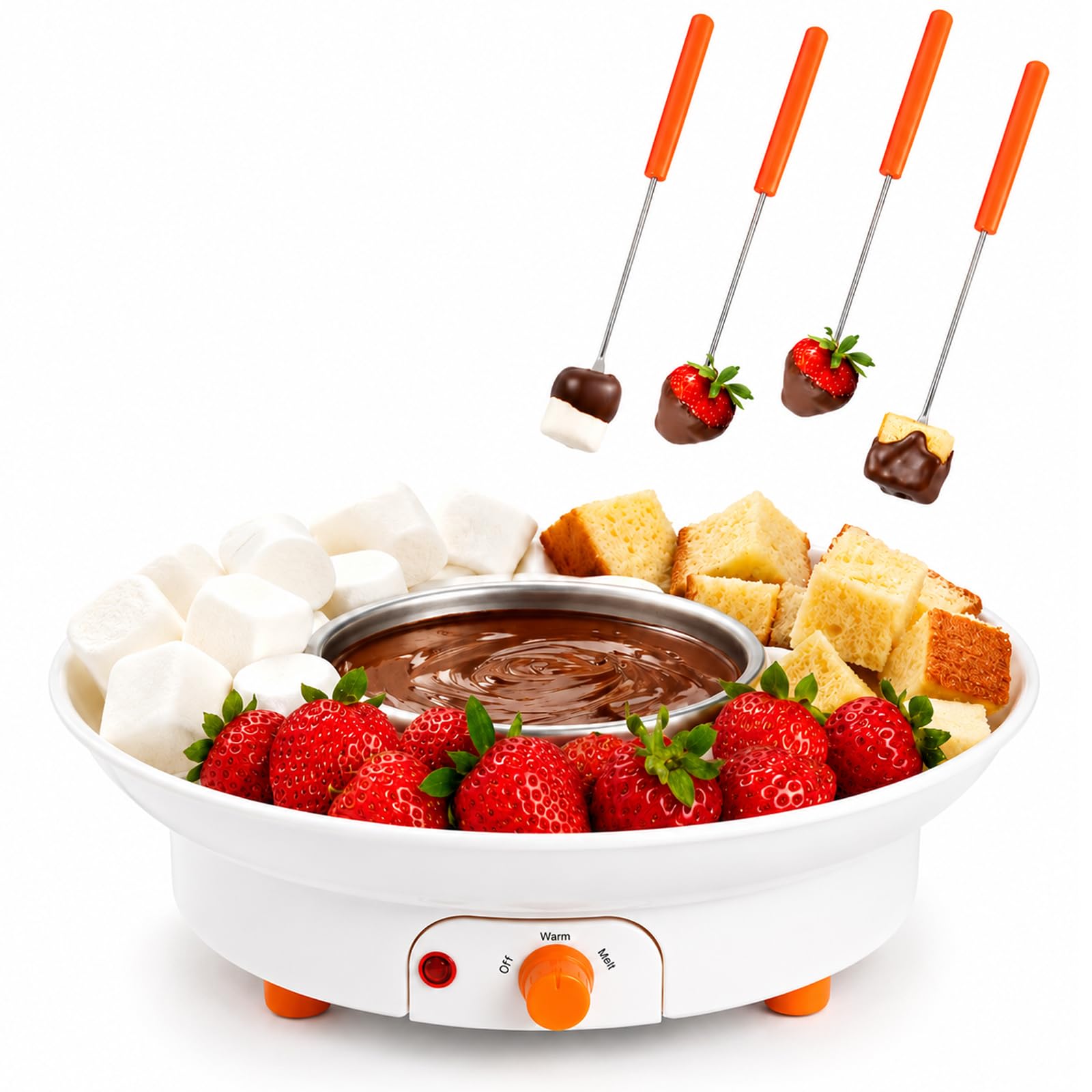 Set Fonduta Elettrica al Cioccolato, Pentola 260ml, 2 Livelli, 4 Forchette | Macchina per S'mores 2-in-1 con Vassoio da Portata Rimovibile per Cioccolato, Formaggio, Caramello e Feste(white)