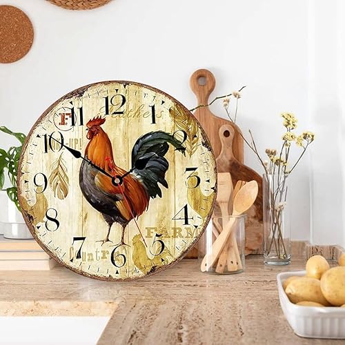 Miniatura 4 de Reloj de pared de cocina de 10 pulgadas, estilo rústico, silencioso, sin tictac, de cuarzo, funciona con pilas, reloj de pared redondo