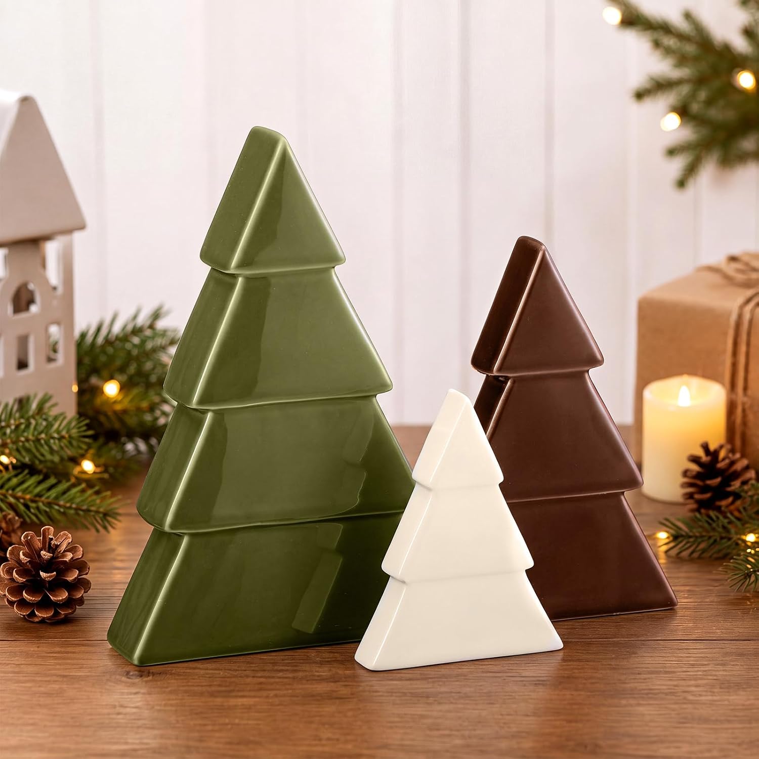Amyhill 3 Pcs Ceramic Tabletop Christmas Tree Decorations Neutral Christmas Decor Freestanding Xmas Tree Figurines in Ivory, Beige and Brown for Mantel Shelf Living Room Home Decor Gifts(Round)