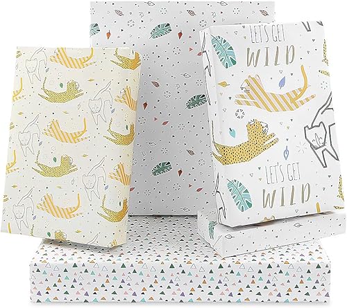 Go Wild Safari Jungle Animals Leopard Cats Monstera Leaf Papel de regalo Hojas planas (4 hojas, 4 diseños: 15 pies cuadrados ttl)-Para niñas y