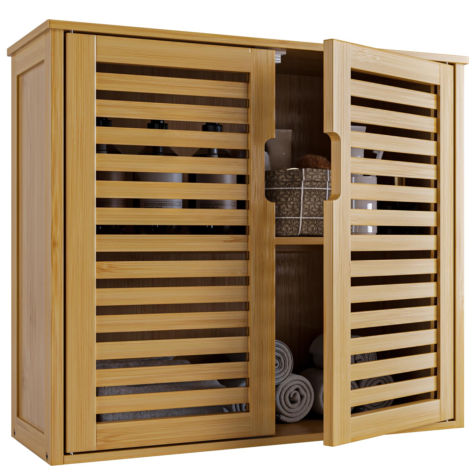 HITNET Bathroom Wall Cabinet, Medicine Cabinet Over The Toilet, Bamboo Hanging Storage Organizer with 2 Doors and Adjustable Shelf for Kitchen, Living Room, Natural