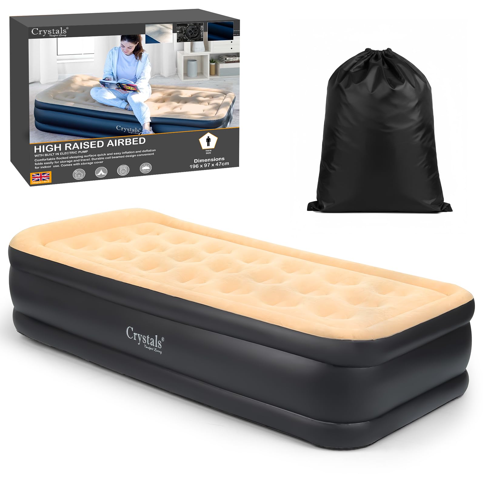 Crystals High Raised Airbed, Inflatable Single Air Mattress with Built-In Electric Pump, Comfortable Blow Up Bed for Adults & Kids, Ideal Camping Mattress, Portable Inflatable Air Bed for Home-Travel