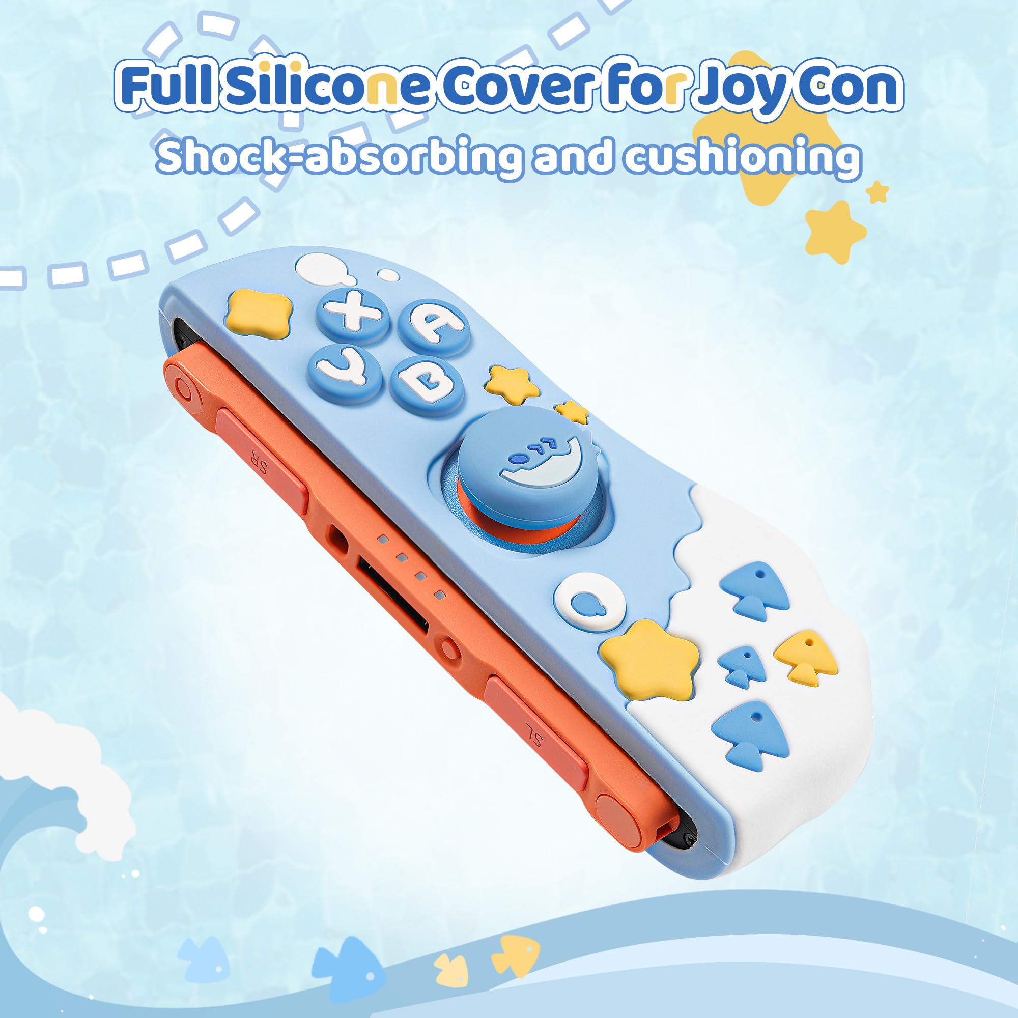 GeekShare Protective Case Compatible with Joy Con of Switch 2 Controllers,Silicone Switch Controller Skin, Anti-Slip Protective Case for Switch 2 (2025) with 2 Thumb Grips - Shark Party - 5