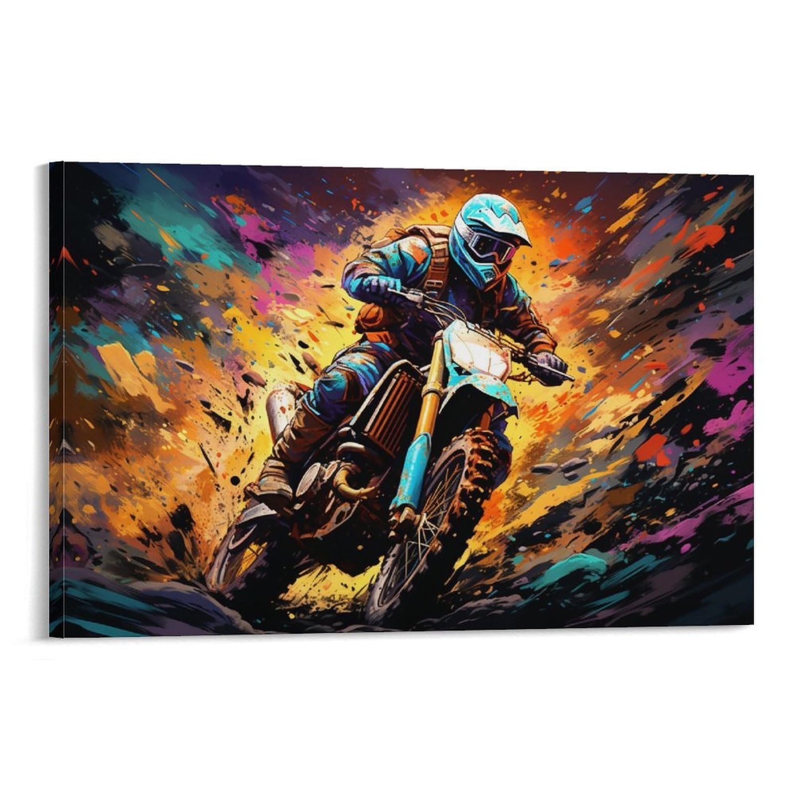 CPLVKWRQJ Bright Magical Colorful Single Piece Motocross Rider Color Burst Canvas Wall Hanging - Nursery Space Saving Removable Ready to Hang Decor 08x12inch(20x30cm)