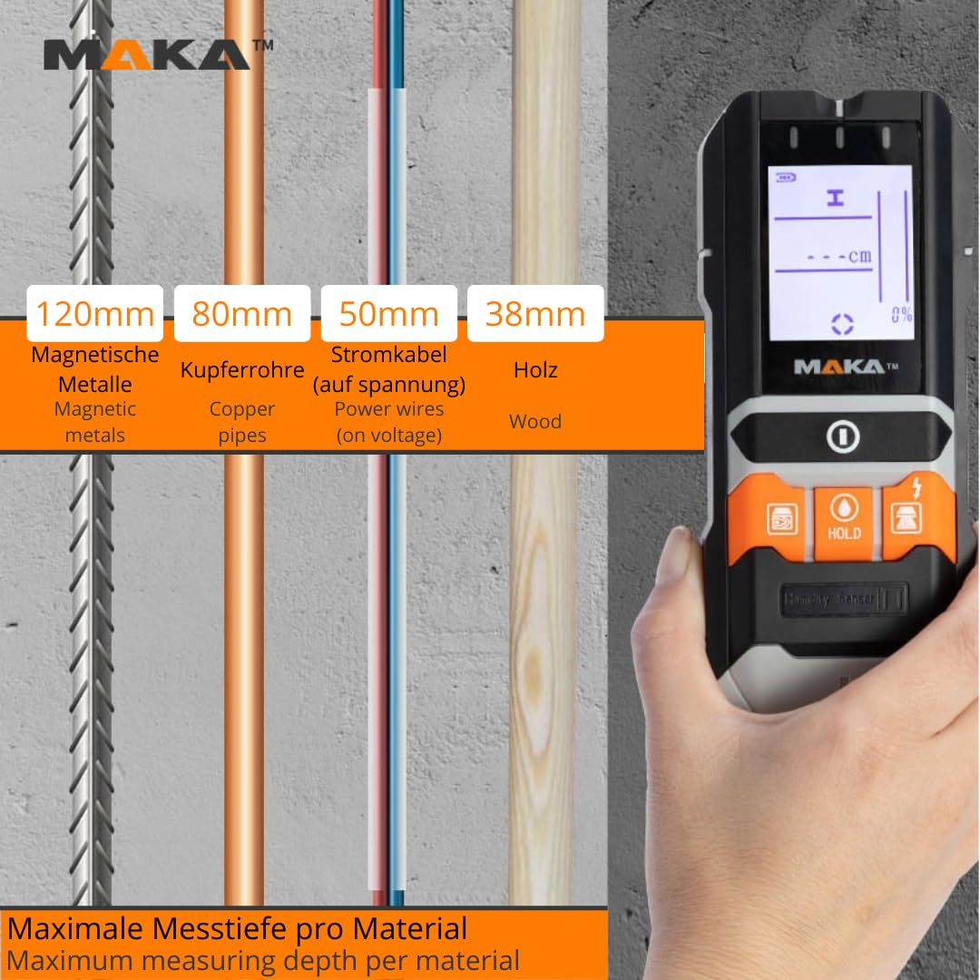 MAKA 5-in-1-Leitungsfinder Wandscanner Feuchtigkeitsmesser Metall- und Holzsucher AC