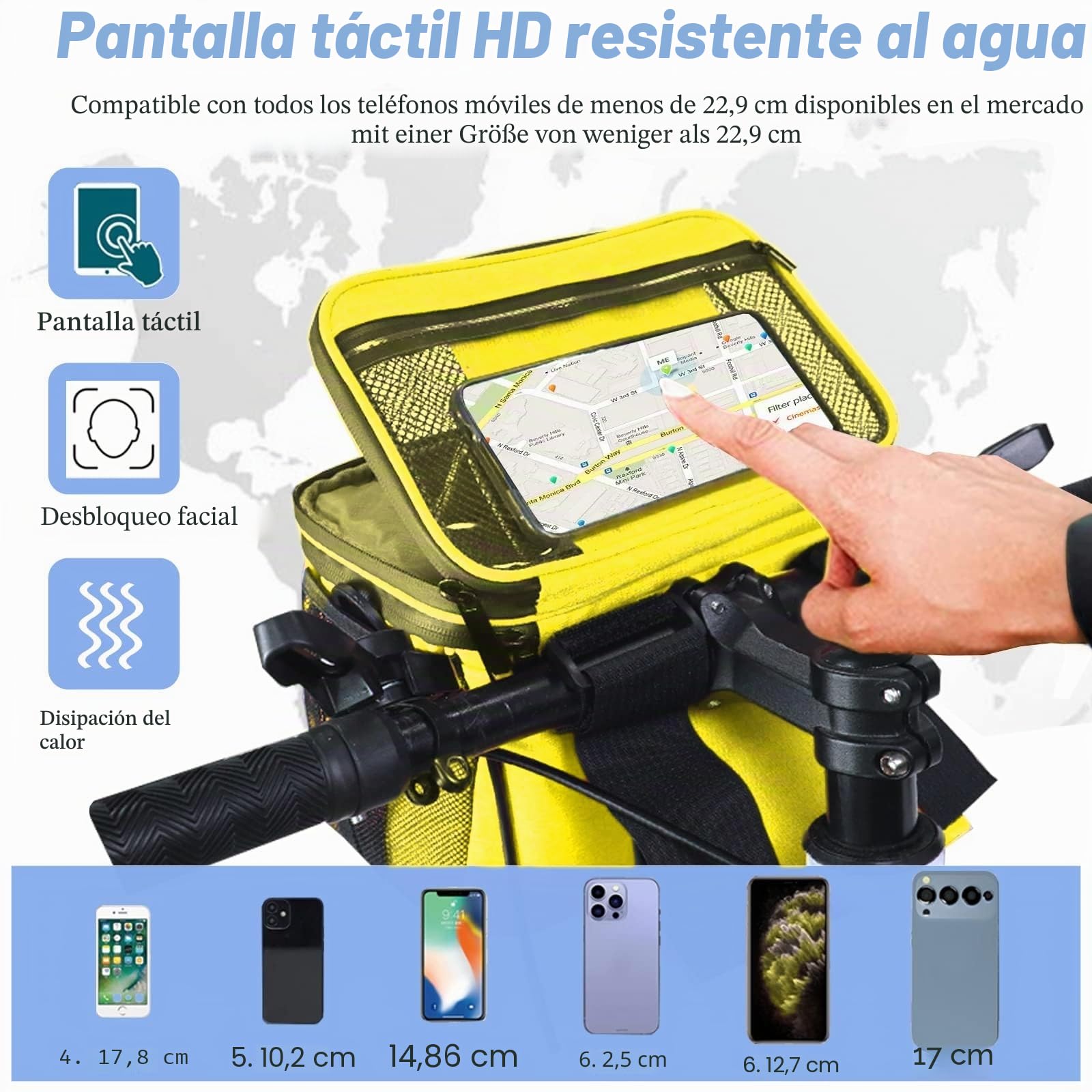Bolsa térmica para manillar de bicicleta, 5 litros, almuerzo, resistente al agua, soporte para teléfono