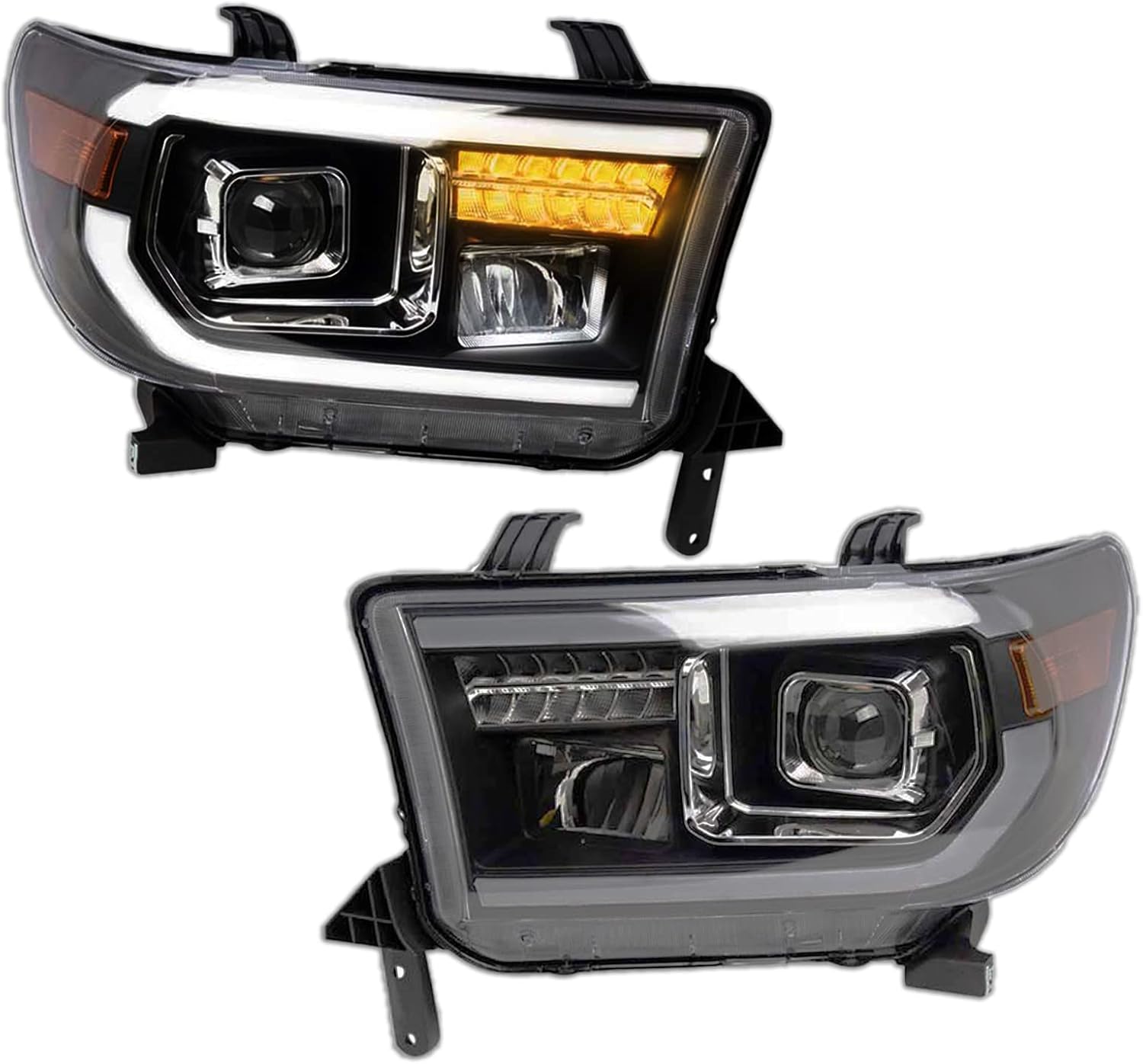 TRQ 2 Piece Headlight Assembly Set Performance Projection Style LED Turn Signals LED Daytime Running Light Black Bezel Driver & Passenger Side Compatible with Toyota Sequoia 2008-2017 Tundra 2007-2013