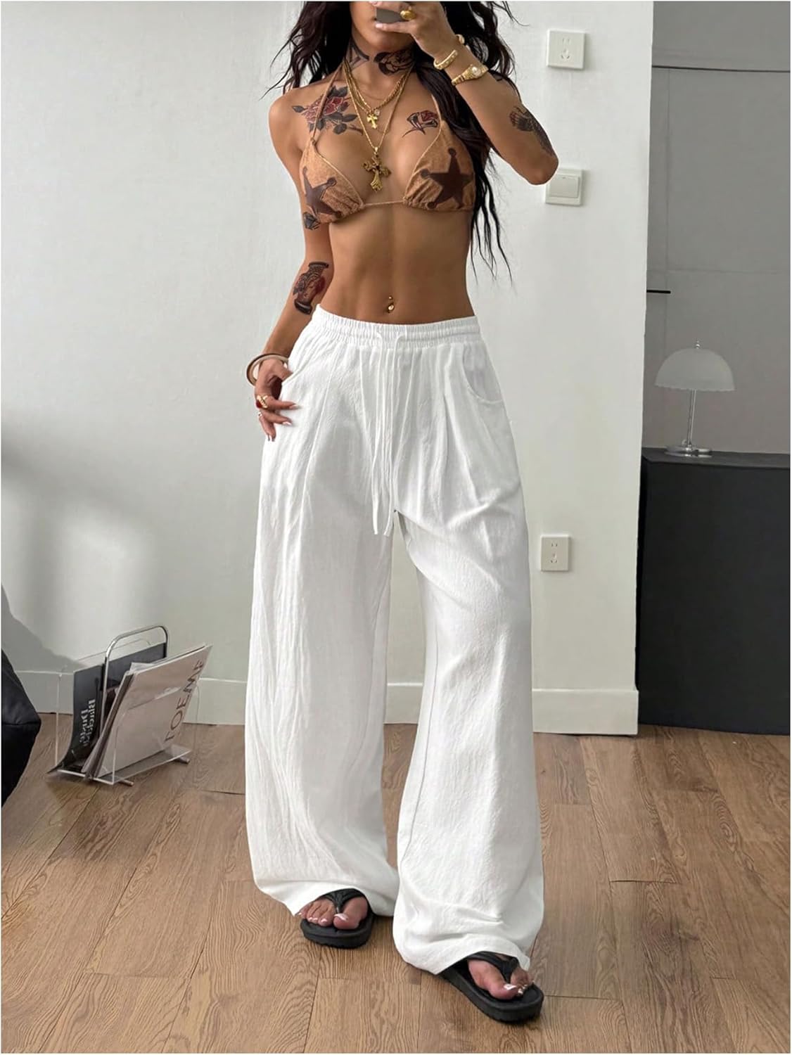RoseSeek Women's Linen Beach Pants Drawstring Elastic Waist Wide Leg Palazzo Pants Bottom Swimsuit Coverups