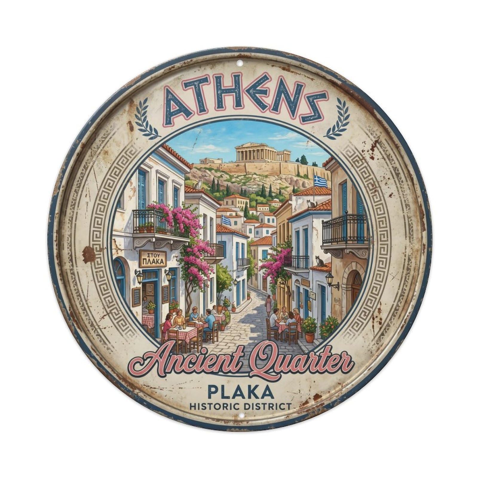 Vintage Travel Athens Plaka District Metal Tin Sign Plaque Wall Decor for Cafe, Club, Garden Round Metal Poster 8x8Inch