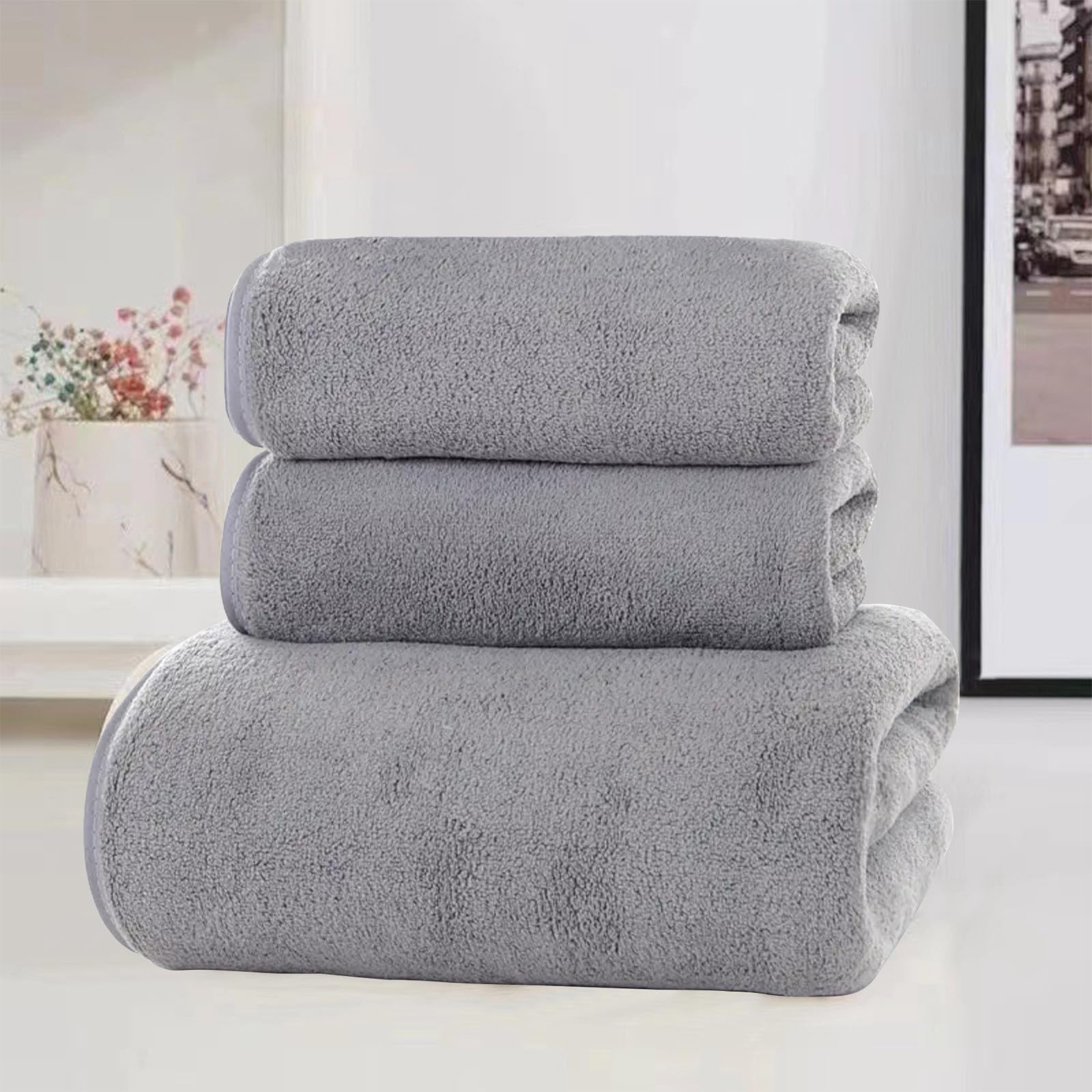 3pc Soft Linen Large Bath Towel Set - 1 Bath Towel 1 Hand Towel 1 Washcloth Absorbent Quick-Drying
